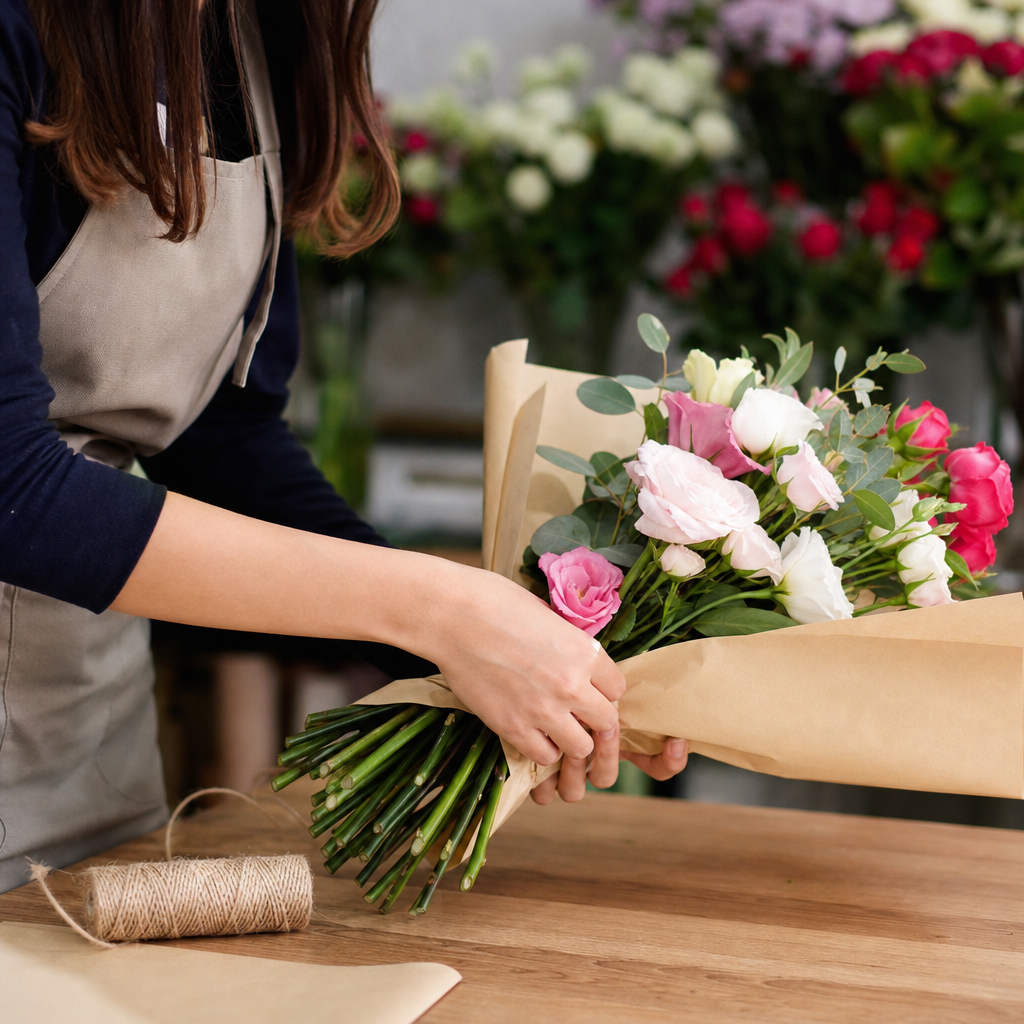 Florist care verifică tulpinile și ambalajul unui buchet înainte de livrare