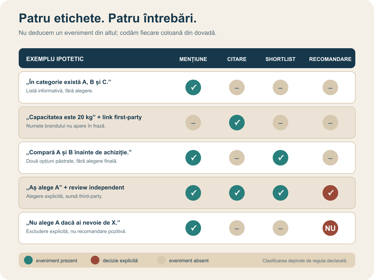 Cinci exemple de răspunsuri clasificate separat pentru mențiune, citare, shortlist și recomandare
