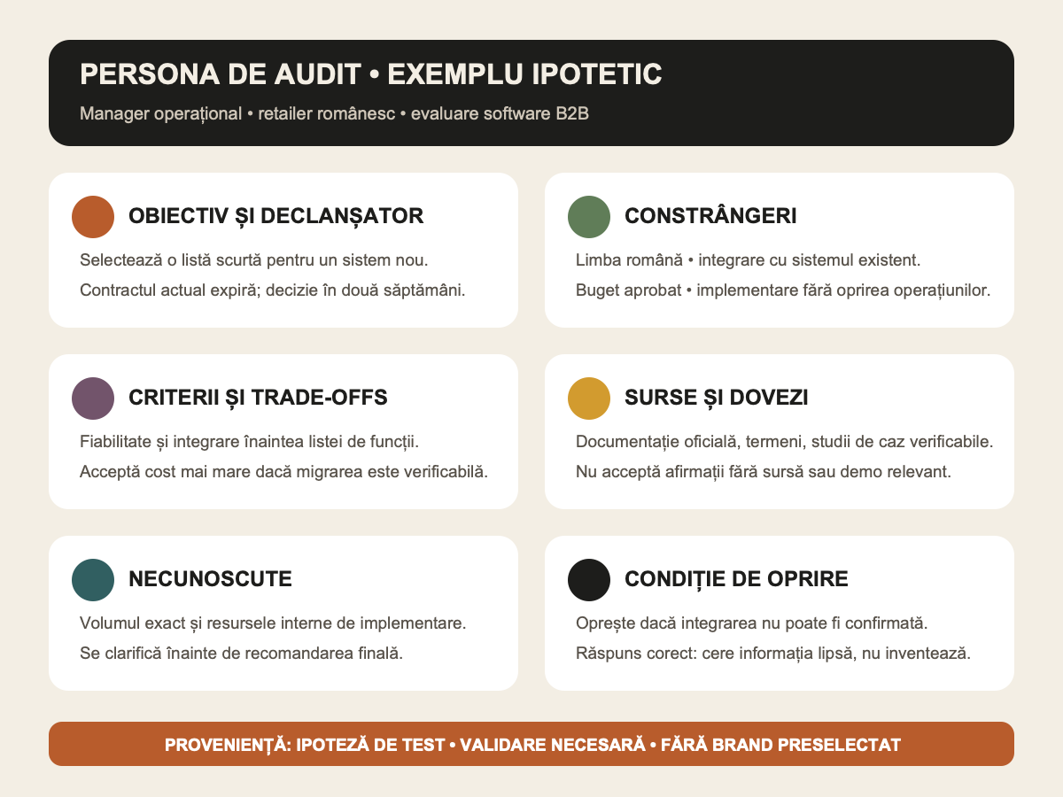 Fișă de persona cu obiectiv, declanșator, constrângeri, criterii, surse și condiție de oprire