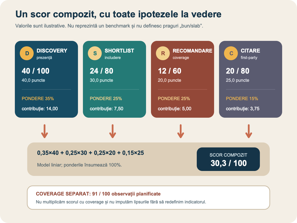 Patru componente normalizate și ponderate produc un scor de 30,3 din 100, raportat separat de coverage
