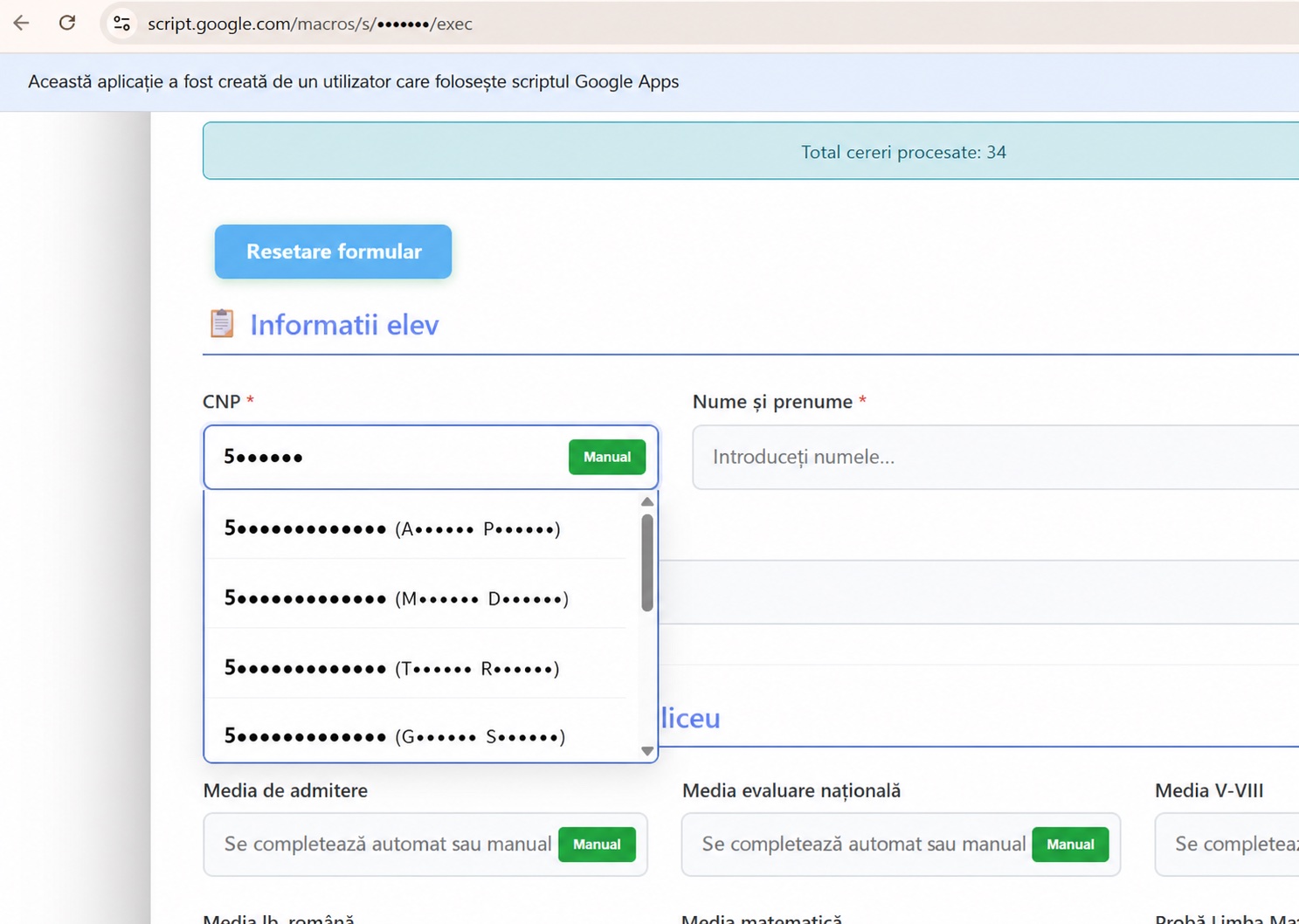 Aplicație Google Apps Script cu autocomplete de date personale anonimizat