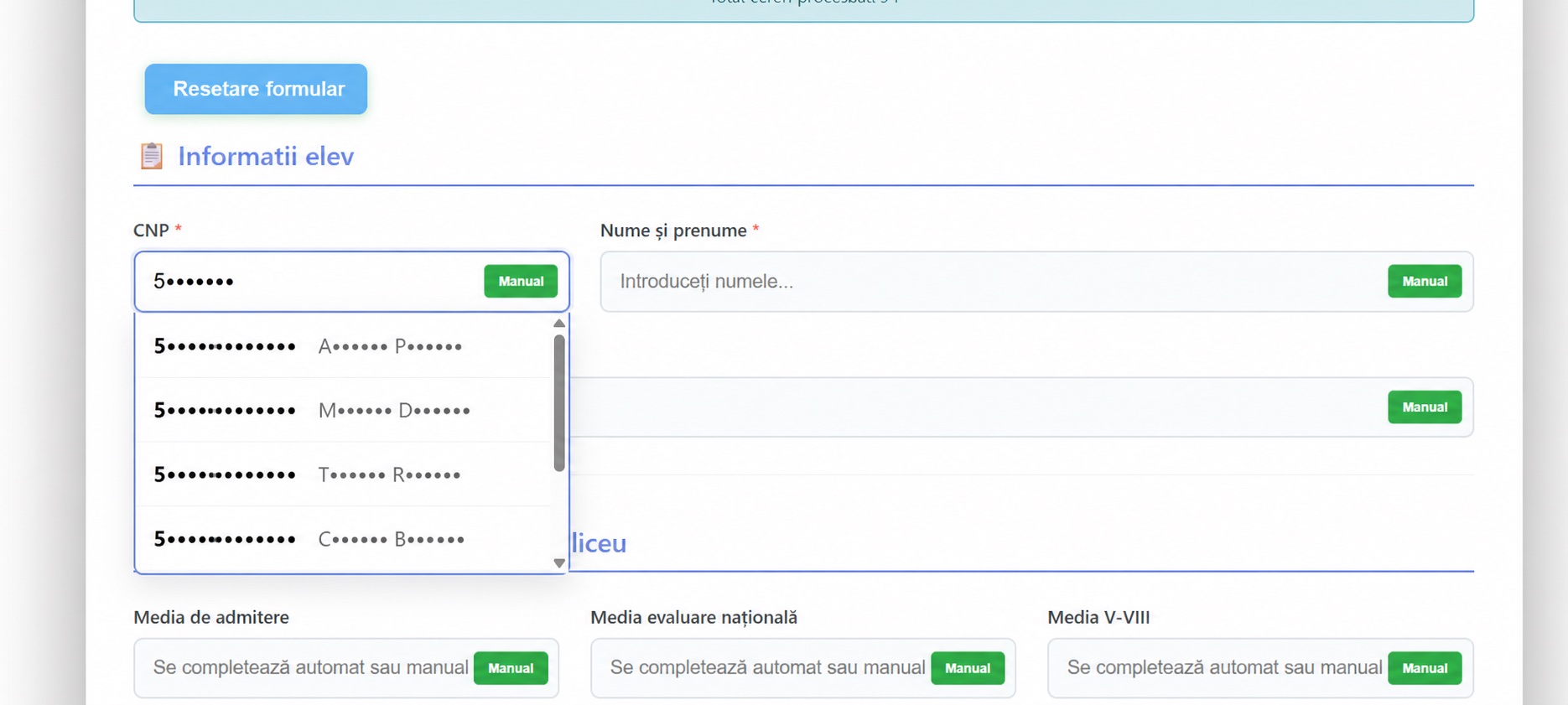 Formular școlar cu rezultate CNP și nume mascate în autocomplete
