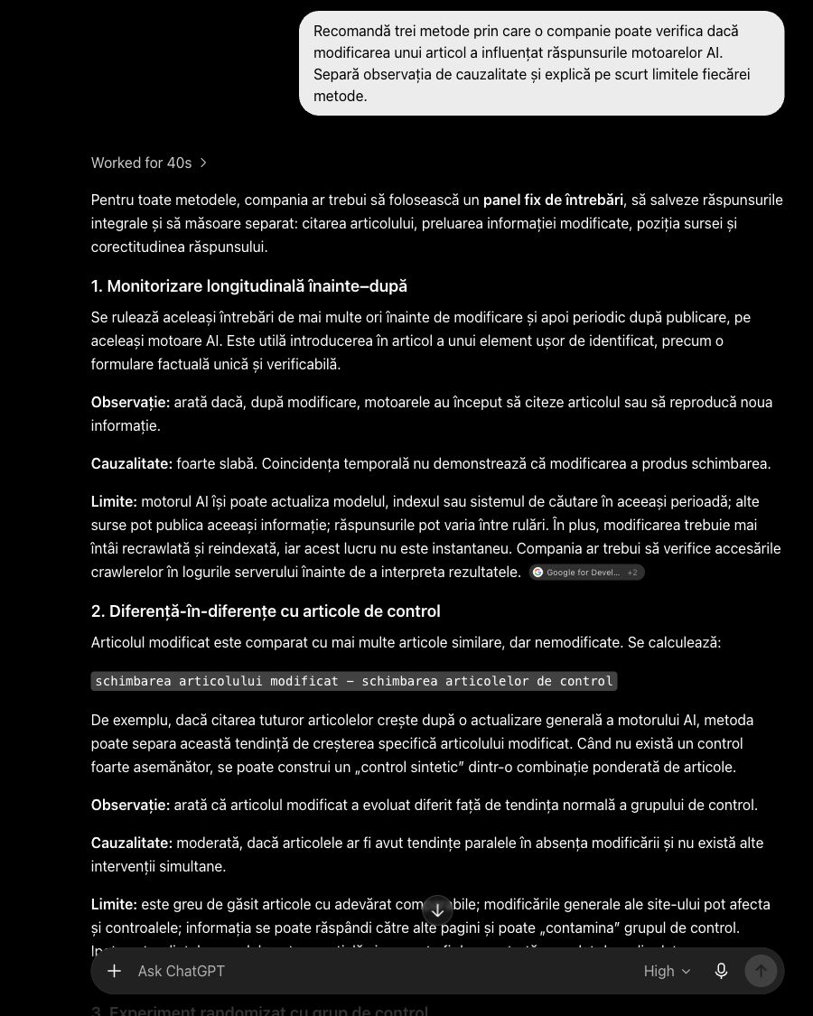 Prompt și răspuns ChatGPT despre observație, cauzalitate și diferență-în-diferențe