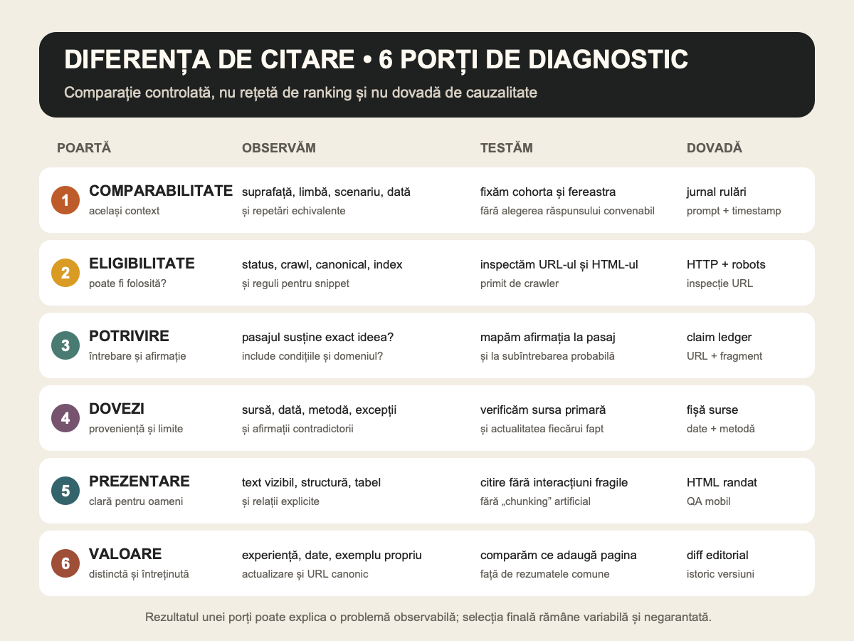 Matrice cu șase porți de diagnostic, observațiile necesare și testele controlate
