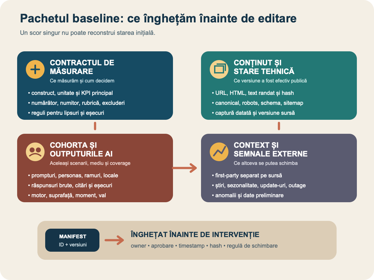 Diagramă cu contractul de măsurare, snapshotul conținutului, cohorta AI și semnalele externe reunite într-un manifest înghețat