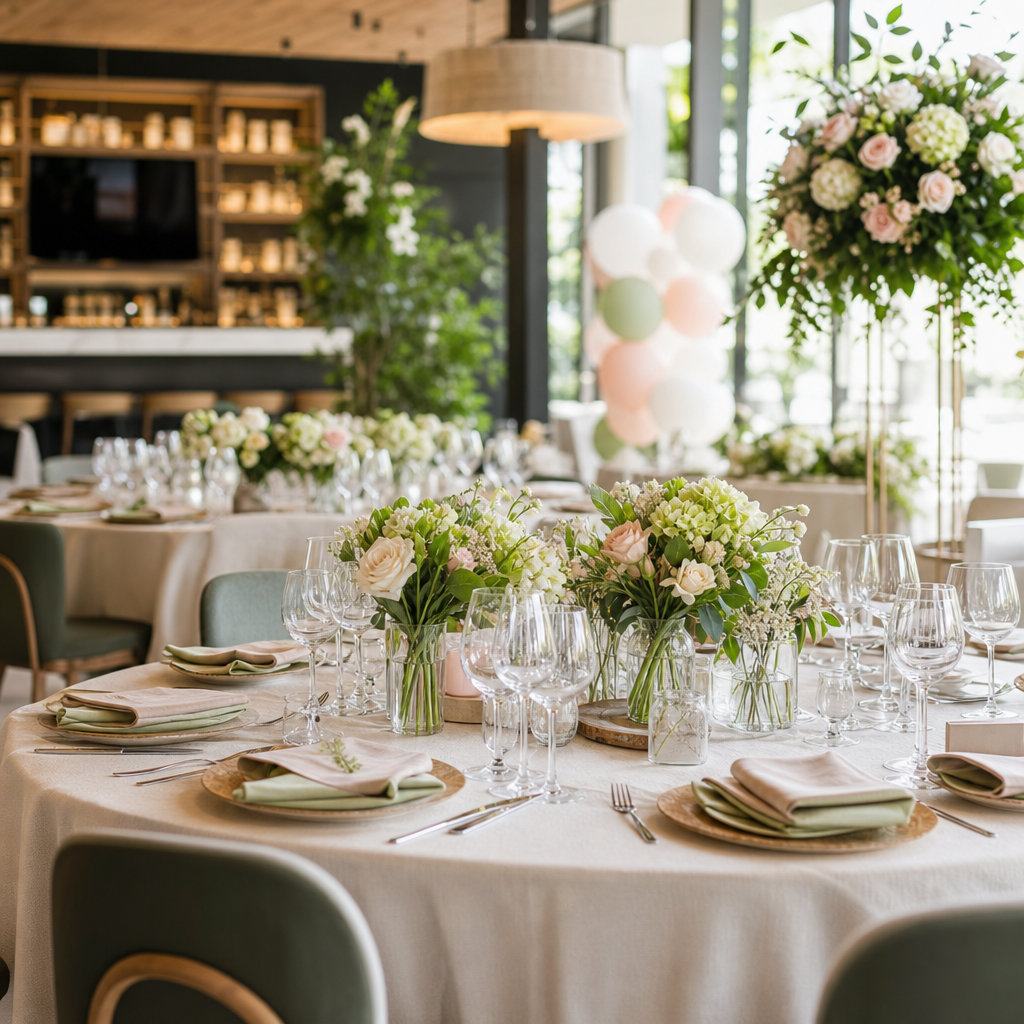 Masă de eveniment decorată cu aranjamente florale pastelate