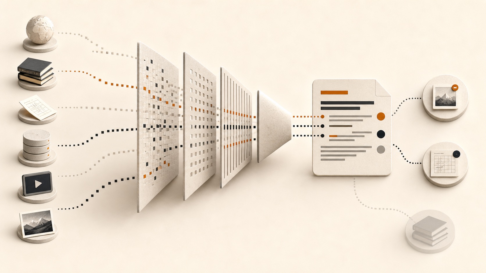 Different web sources passing through selection before appearing in a cited AI answer