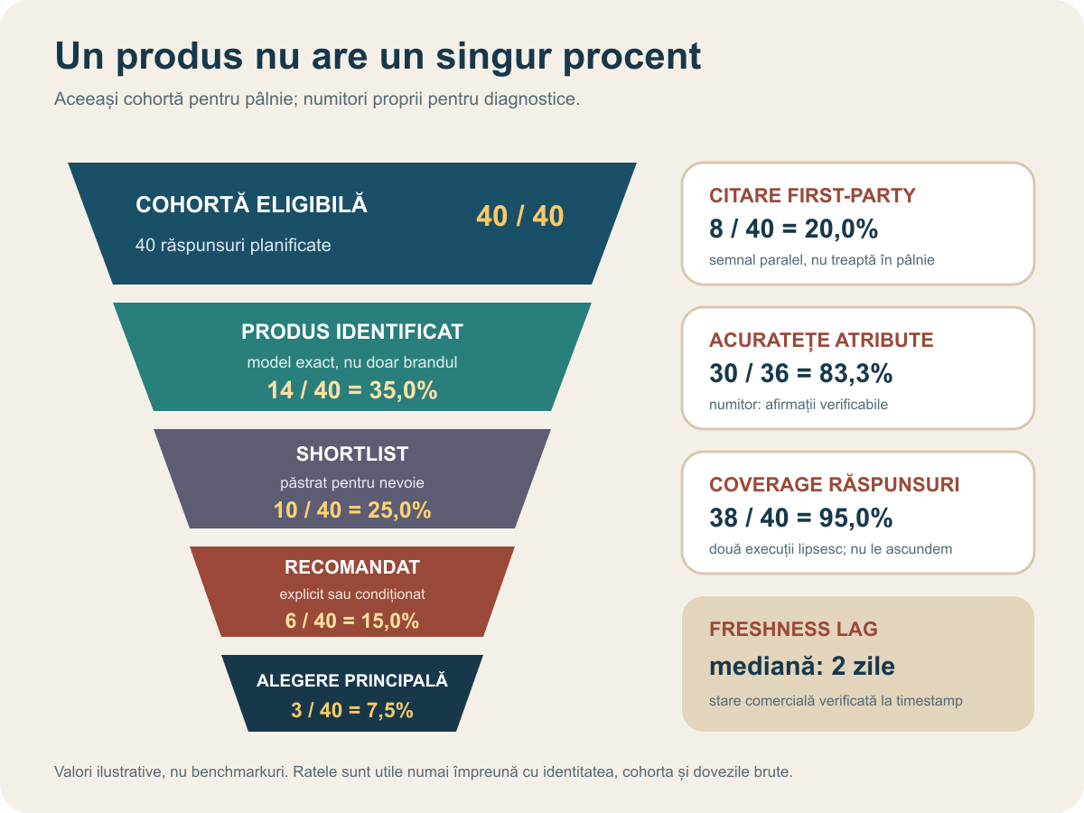 Pâlnie cu 40 de răspunsuri eligibile, 14 apariții ale produsului, 10 shortlisturi, 6 recomandări și 3 poziții principale, plus acuratețe și coverage separate