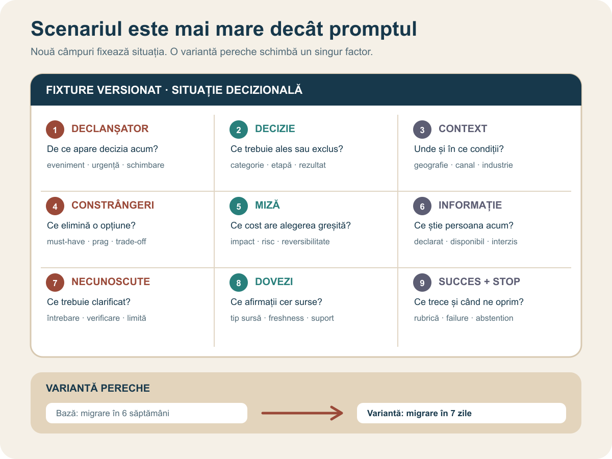 Fișă cu declanșator, decizie, context, constrângeri, necunoscute, reguli de dovadă, criterii și proveniență