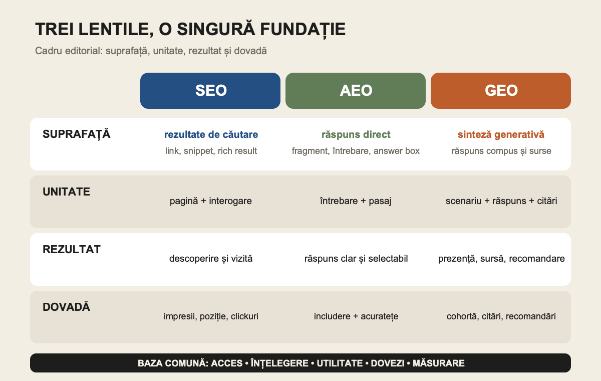 Matrice care compară SEO, AEO și GEO după suprafață, unitate, rezultat și dovadă