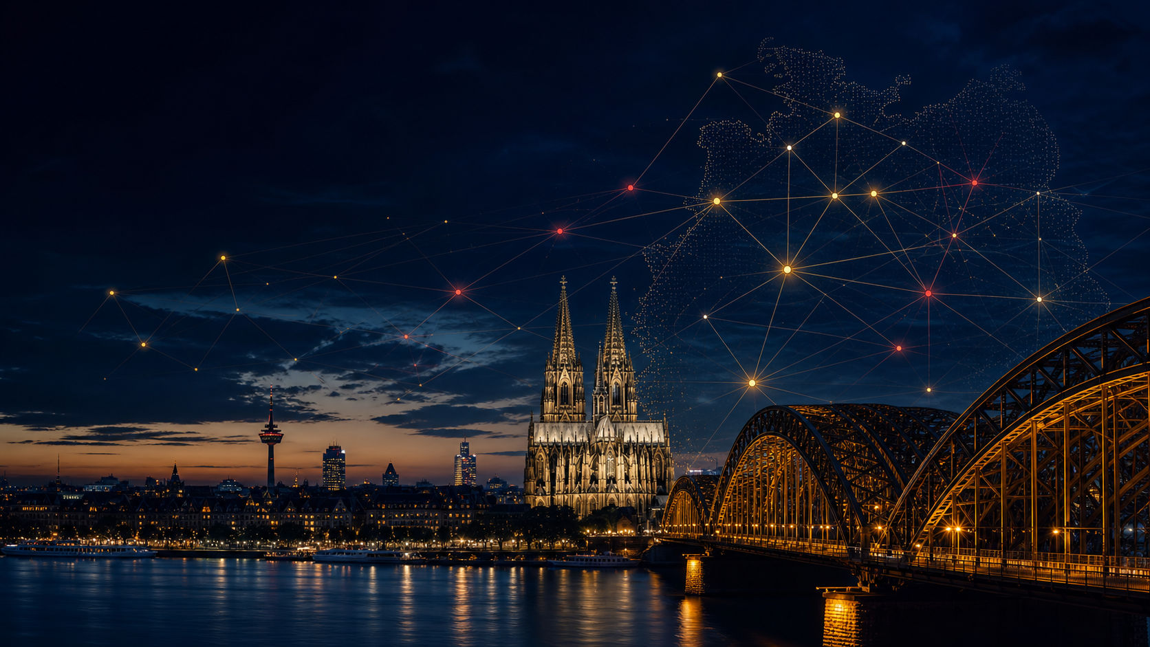 Cologne at sunset, with the Cathedral and a digital network suggesting SEO, GEO and AI