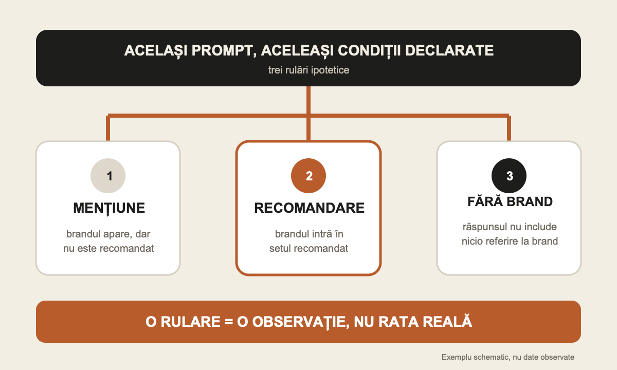 Exemplu schematic cu același prompt și trei rezultate diferite: mențiune, recomandare și răspuns fără brand