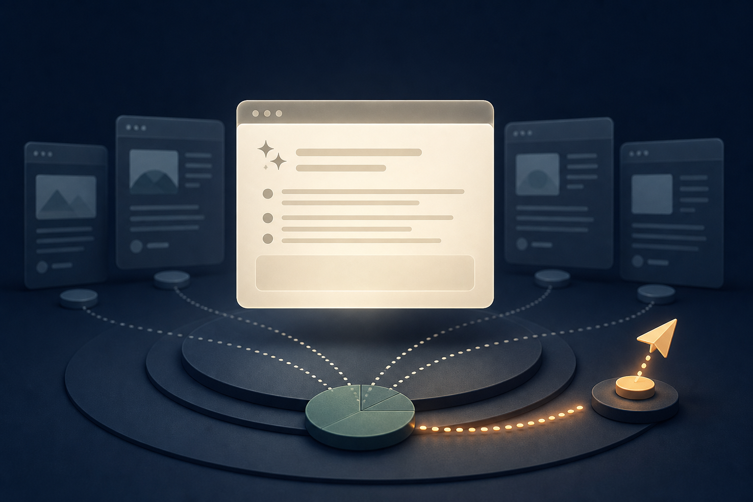 Răspuns AI central și surse web conectate, cu un singur traseu de click evidențiat