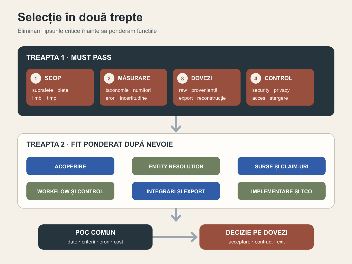 Diagramă cu patru gate-uri eliminatorii, șase criterii ponderate, un proof of concept comun și o decizie bazată pe dovezi