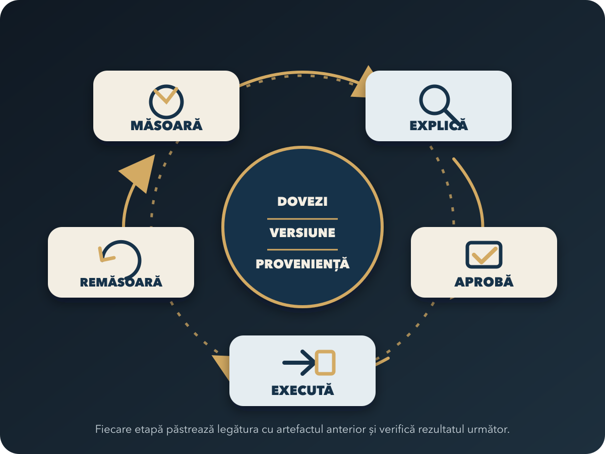 Diagramă circulară cu etapele măsoară, explică, aprobă, execută și remăsoară, unite prin dovezi, versiune și proveniență