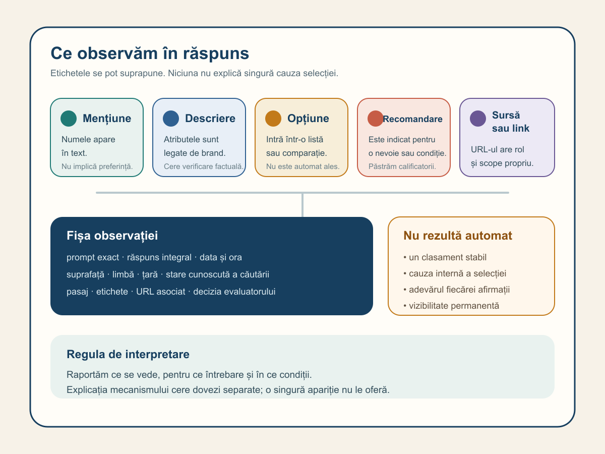 Diagramă care separă mențiunea, descrierea, includerea în opțiuni, recomandarea și citarea sau legătura către sursă