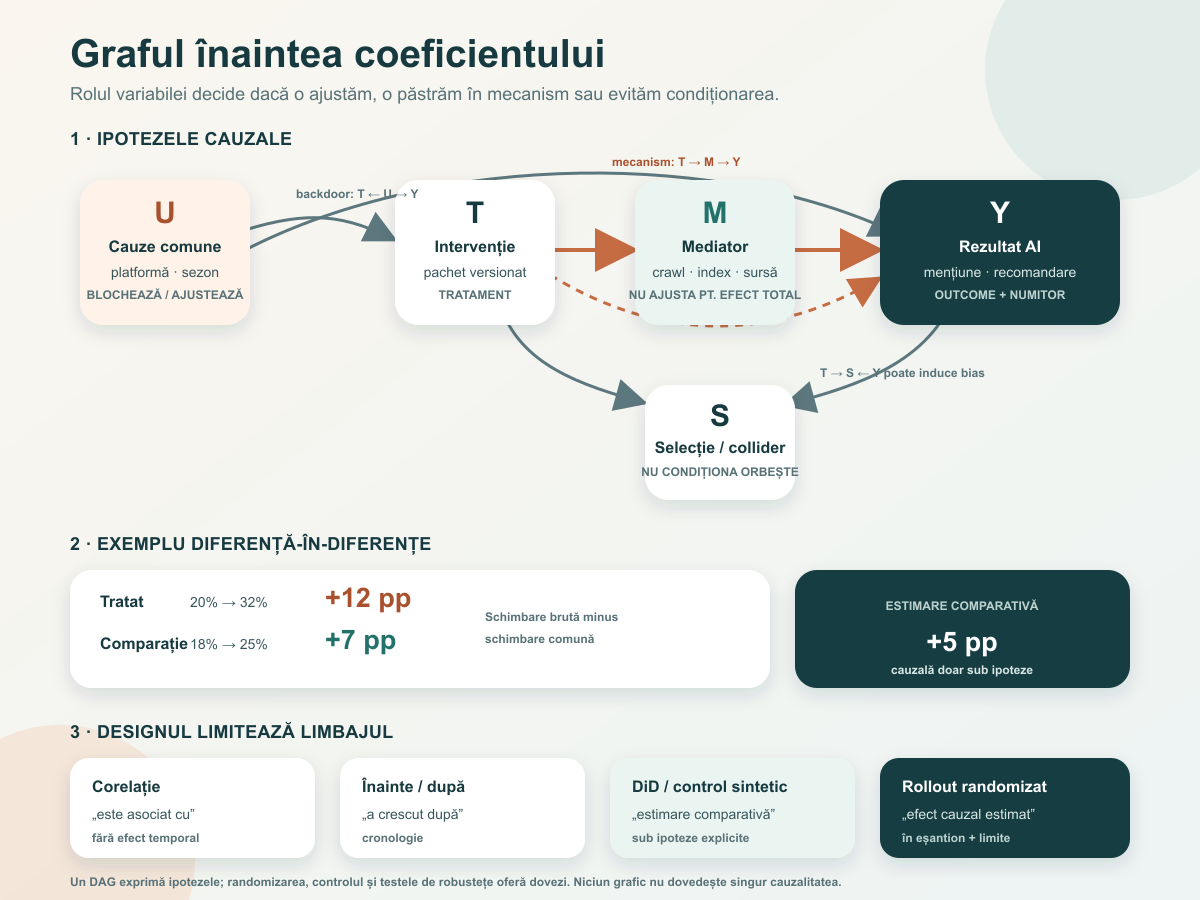 Diagramă cu tratament, rezultat, confounder, mediator și collider, plus limbajul permis de fiecare design