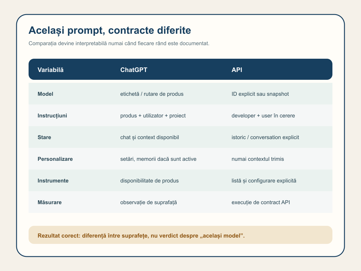 Matrice care compară modelul, instrucțiunile, starea, personalizarea, instrumentele și unitatea de măsurare în ChatGPT și API