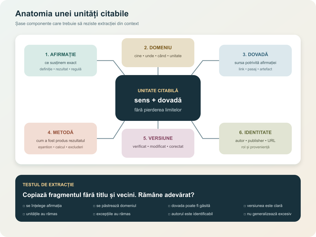 Diagramă cu afirmație, domeniu, dovadă, metodă, versiune și identitate, urmate de testul de extracție