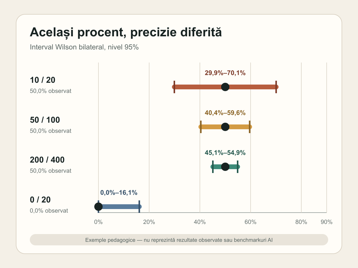 Patru intervale Wilson de 95 la sută pentru exemplele 10 din 20, 50 din 100, 200 din 400 și 0 din 20
