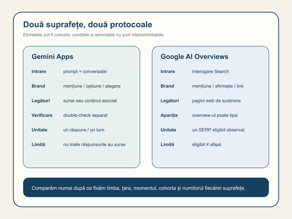Tabel vizual care separă contextul, apariția brandului, linkurile și limitele observabile în Gemini Apps și Google AI Overviews