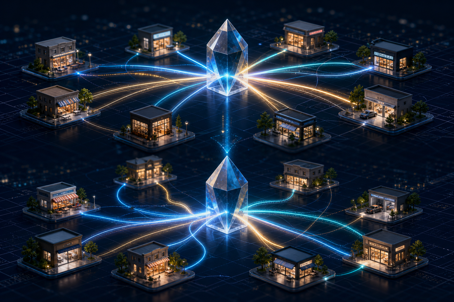 Afaceri locale conectate prin trasee de citare variabile la două nuclee de inteligență artificială