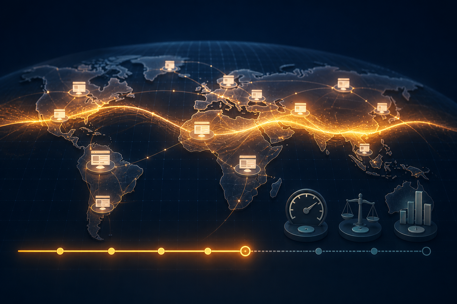 Un val luminos de actualizare traversează o rețea globală de website-uri, cu o cronologie încă deschisă