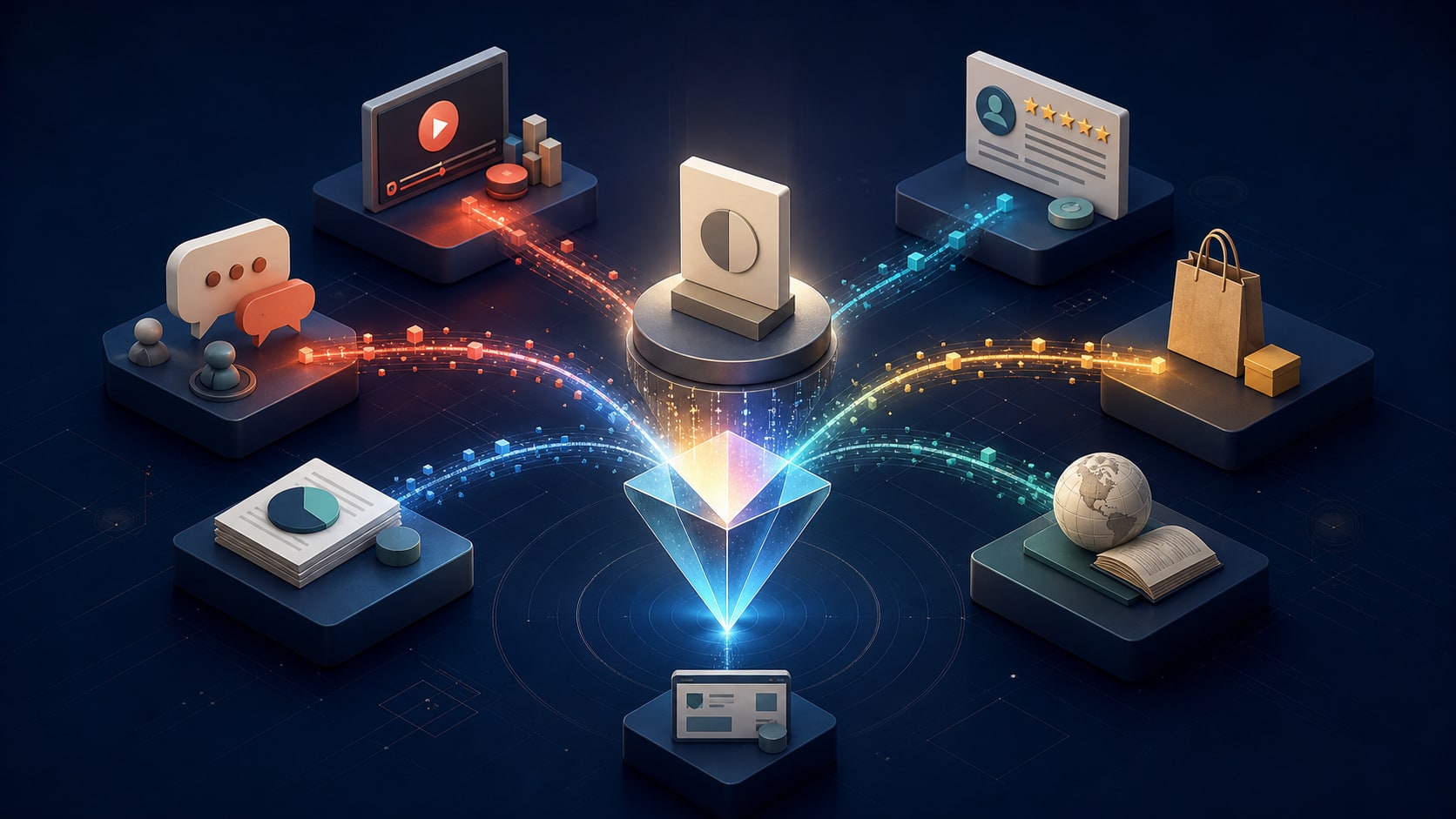 Several independent source ecosystems converge into an AI answer about a brand