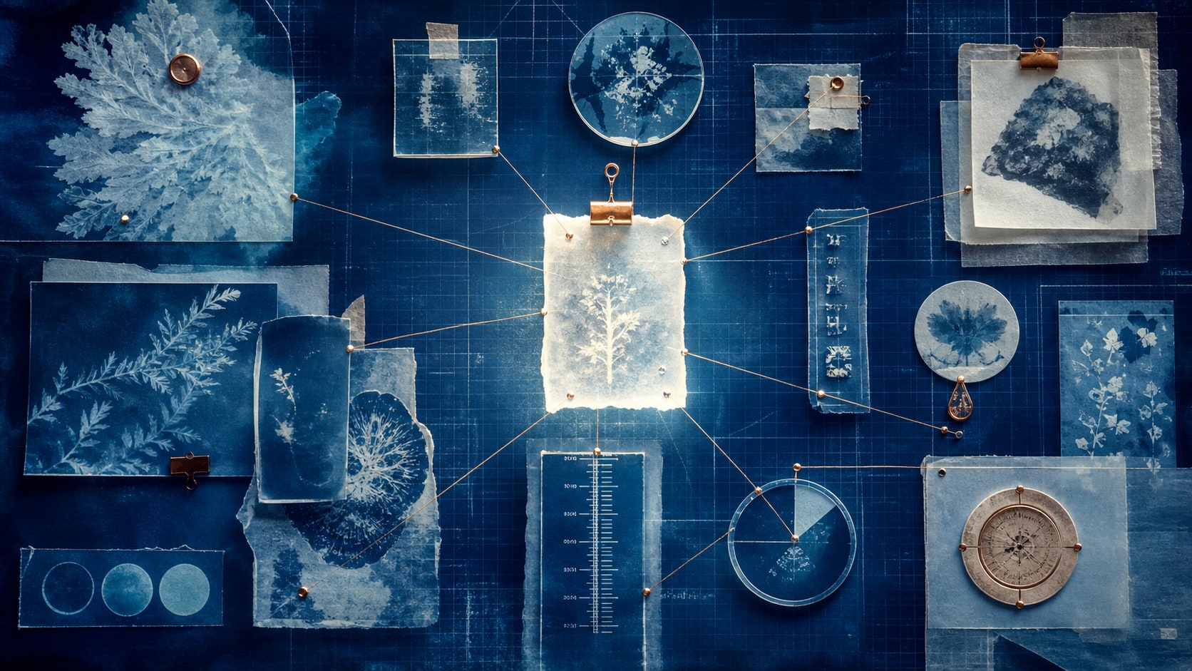 Fragmente editoriale transparente sunt verificate și conectate la dovezi într-o compoziție de tip cyanotype