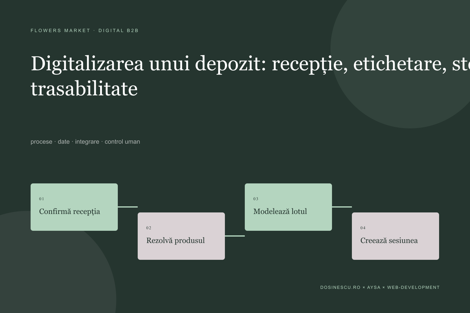 Digitalizarea unui depozit: recepție, etichetare, stoc și trasabilitate — diagramă editorială despre procese, date și integrare