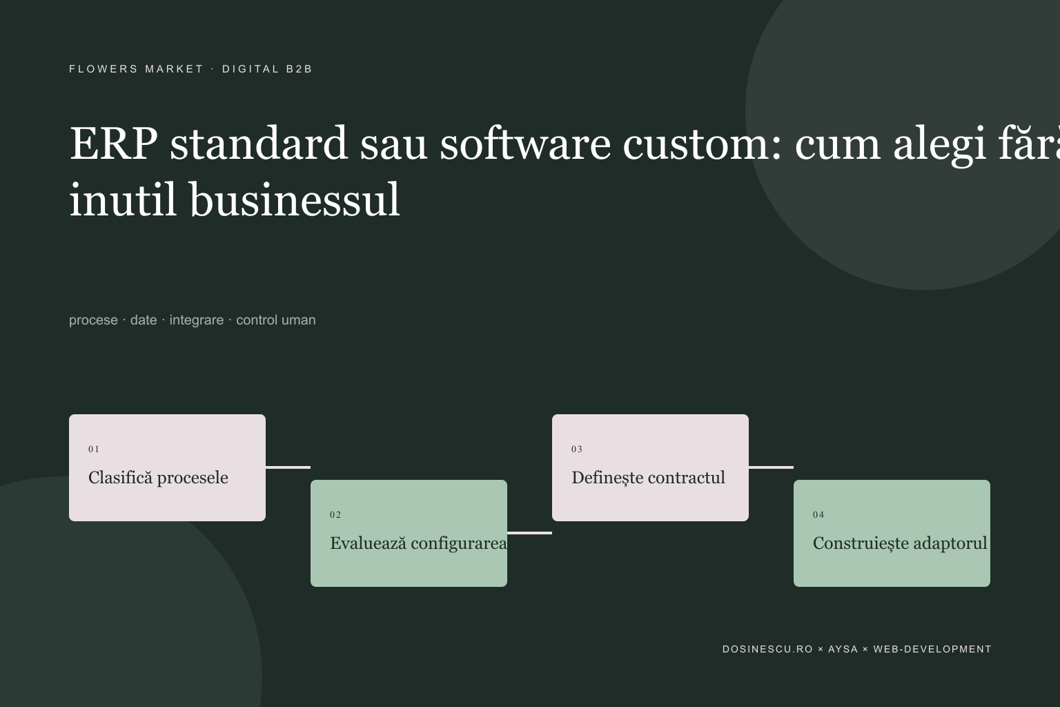 ERP standard sau software custom: cum alegi fără să reconstruiești inutil businessul — diagramă editorială despre procese, date și integrare