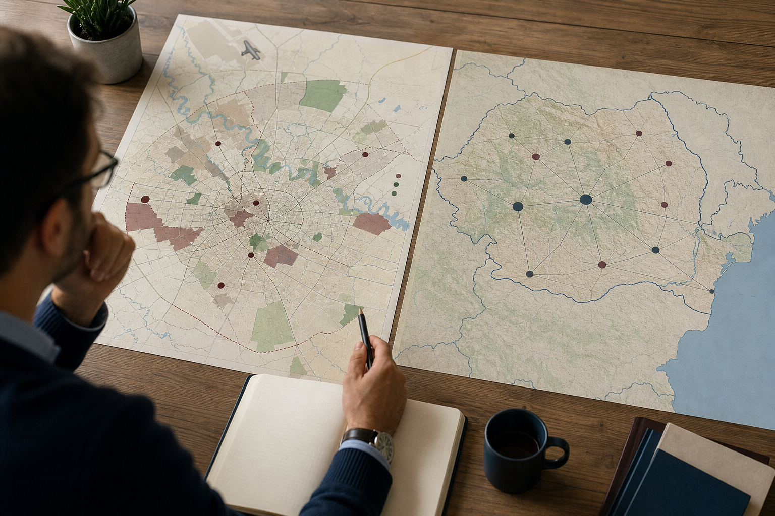 SEO local sau SEO național? Cum aleg firmele din București strategia potrivită reprezentat printr-o scenă editorială despre analiză, decizie și măsurare