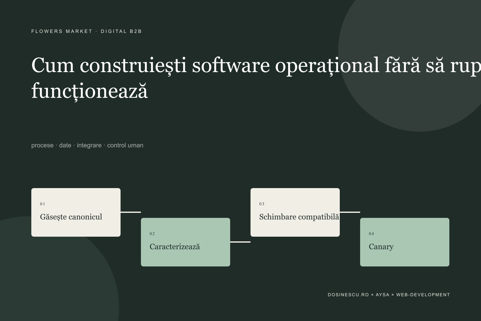 Cum construiești software operațional fără să rupi procesele care deja funcționează — diagramă editorială despre procese, date și integrare