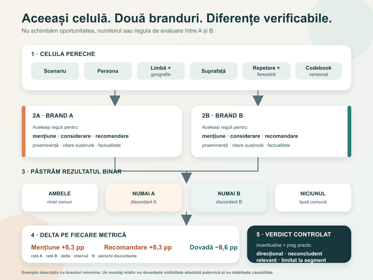 Diagramă cu aceeași celulă de test pentru două branduri, patru rezultate posibile, diferențe pe metrici și verdict controlat