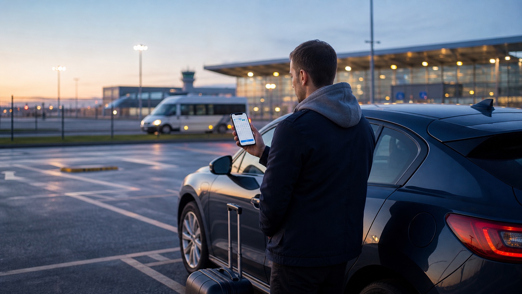Șofer care rezervă online un loc de parcare înainte de plecarea de la Aeroportul Otopeni
