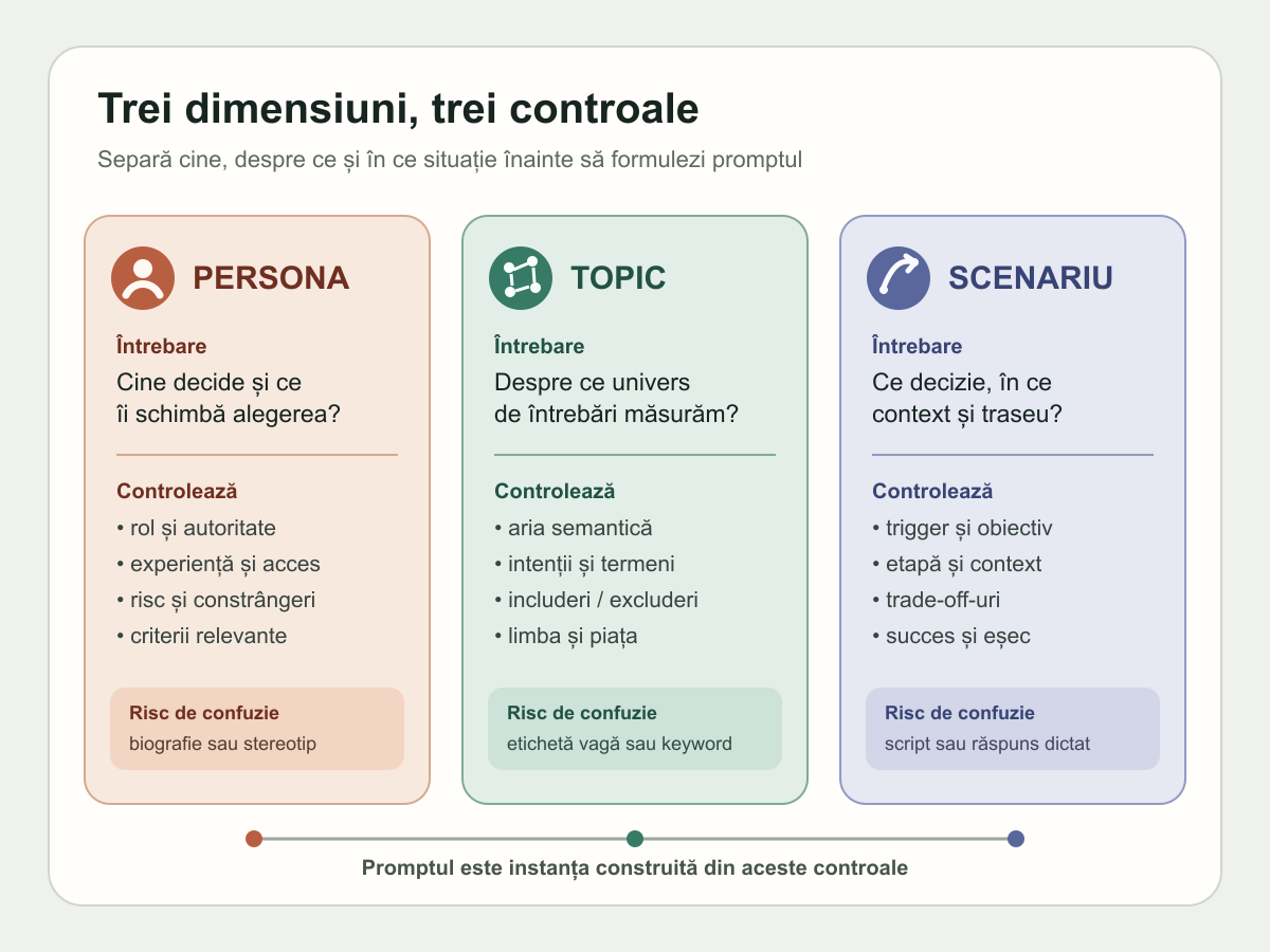 Matrice comparativă între persona, topic și scenariu într-un audit de vizibilitate AI
