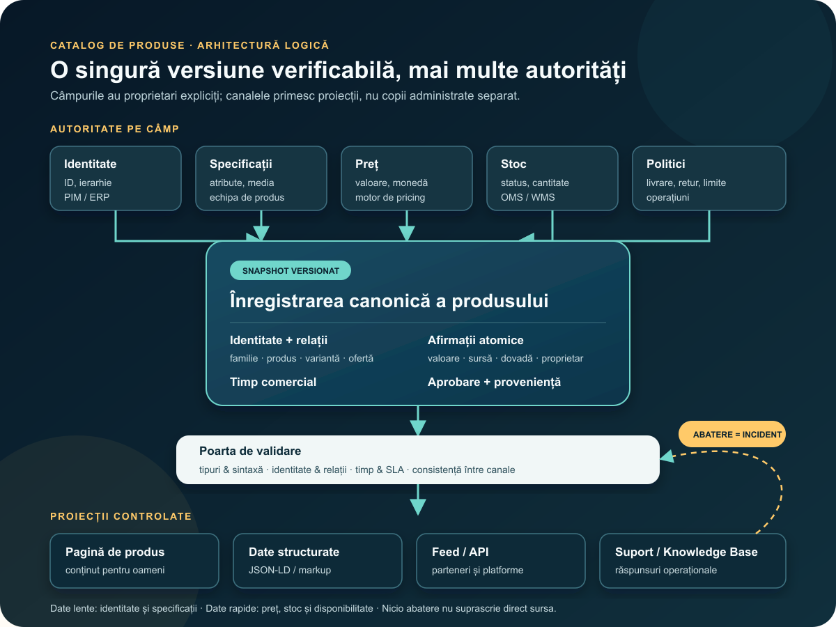 Diagramă cu autorități pe câmp, catalog canonic versionat, validare și proiecții spre pagini, markup, feeduri și Knowledge Base