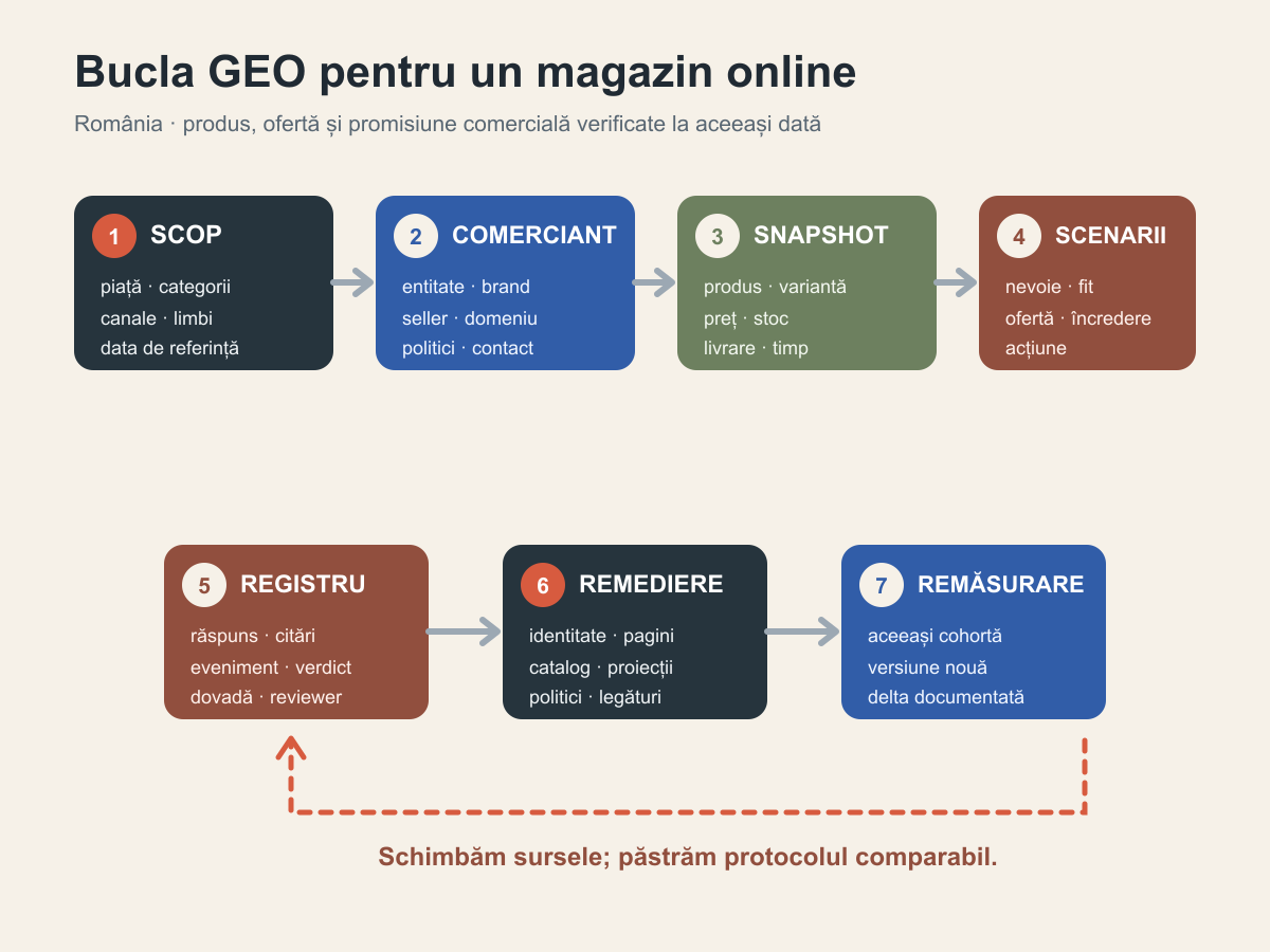 Diagramă în șapte etape de la scop și pașaportul comerciantului până la snapshotul comercial, scenarii, registrul răspunsurilor, remediere și remăsurare