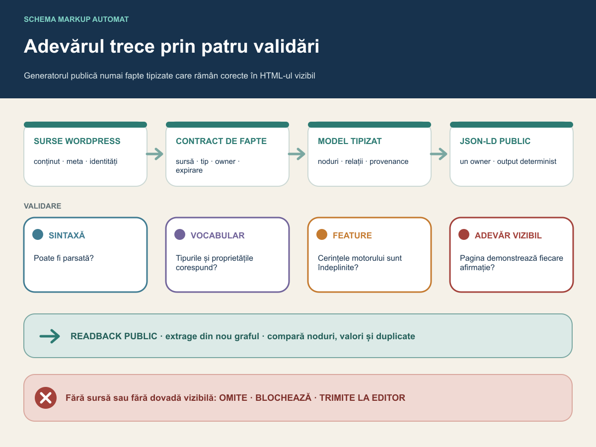 Flux de la sursele WordPress și contractul de fapte la modelul tipizat, validările separate, publicare și readback